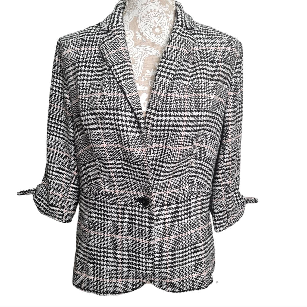 Elle Falling In Love Womens Plaid Single Button Career Jacket Blazer Siz…
